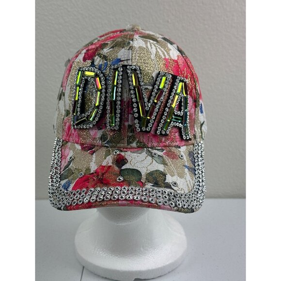 Embellished "DIVA" Floral Baseball Cap With Rhinestones - Picture 2 of 8